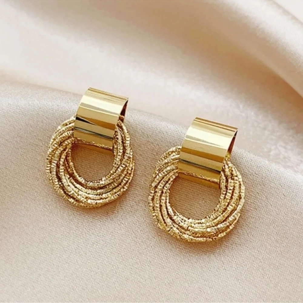 Gold Overlay Glam Lux Hoop Textured Circle Door Knocker Statement Earrings